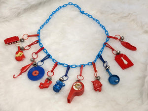 80s bell charm clip necklace full of color, fun, and kitsch! Blue and red