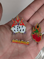 90s Pin Flame Trio Fire and Dice and Cherries Hot Rod Rockabilly