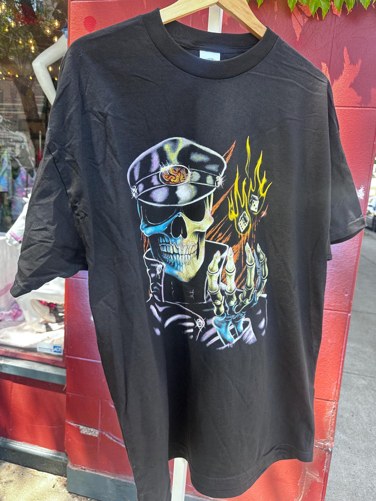 90s Deadstock Skull Biker Dice Flames T-Shirt motorcycle