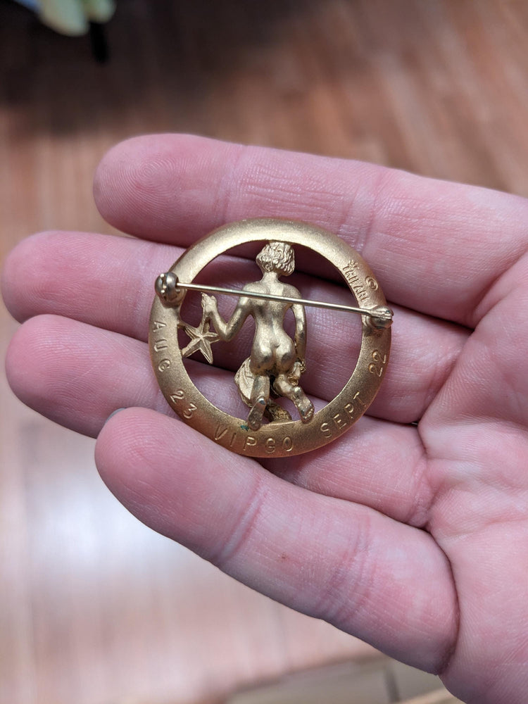 Vintage Trifari Brushed Gold Zodiac Astrology Virgo Brooch Pin