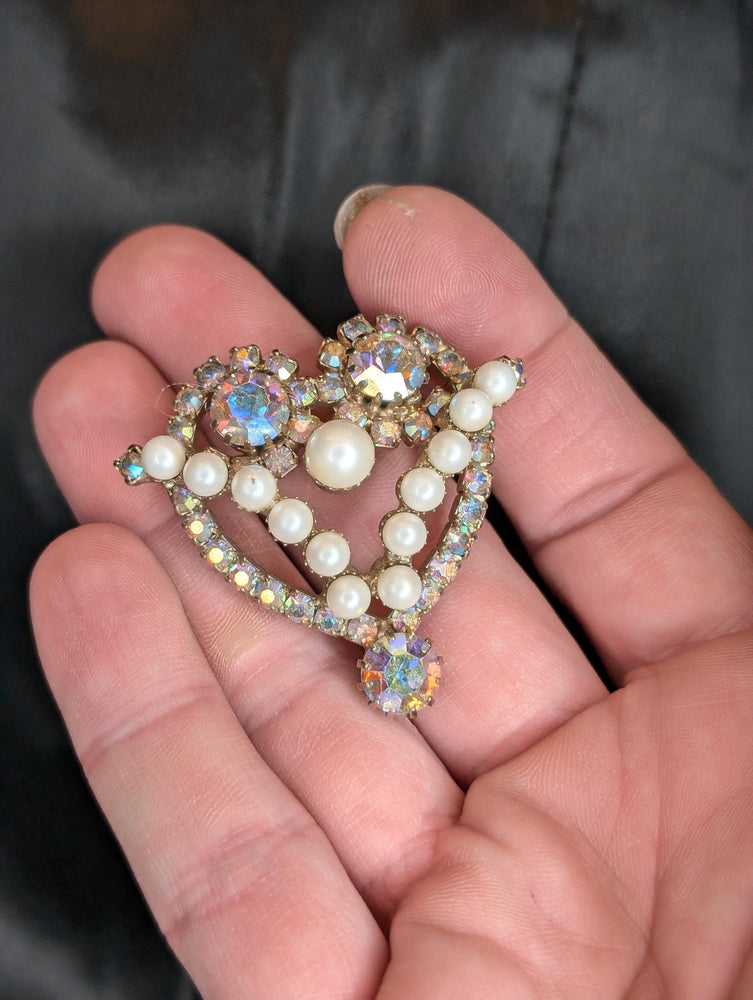 Pearl and AB rhinestone heart shaped vintage brooch