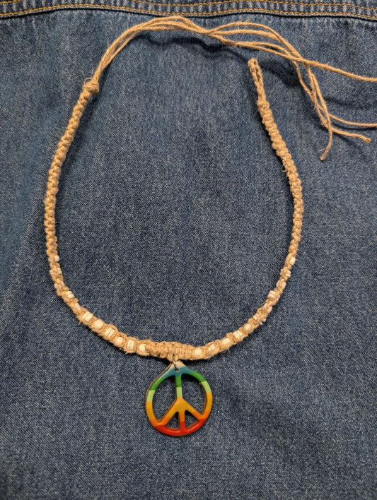90s y2k vintage deadstock hemp macrame rainbow peace sign Hippie necklace