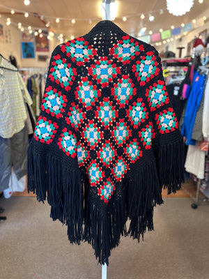 1970's Hand Crocheted Granny Square Boho Shawl with fringe OSFM