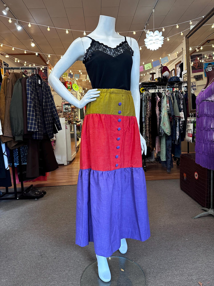 Vintage Tri-Color Fall Colors Maxi Tiered Skirt As is Small