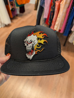 Deadstock vintage trucker cap black with Flaming Skull Patch