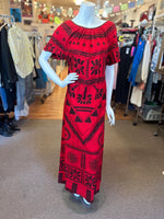 1970's Red Polynesian Cotton Maxi Dress