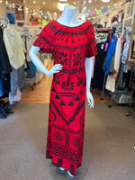 1970's Red Polynesian Cotton Maxi Dress