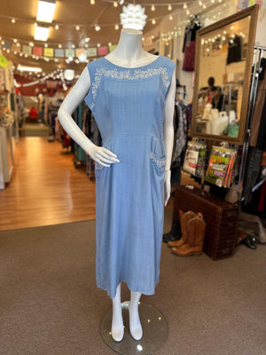 1950's Cotton and Appliqué Blue Dress AS IS.