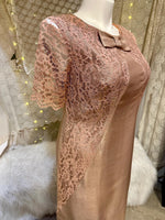 1960's Plus Size Taupe Raw Silk Dress with Blush Pink lace and Bow