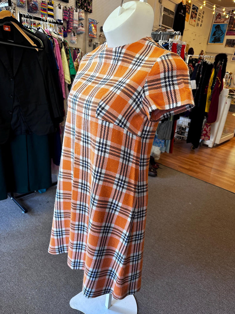 1960s Plus Size Knit Dress Orange Plaid XL