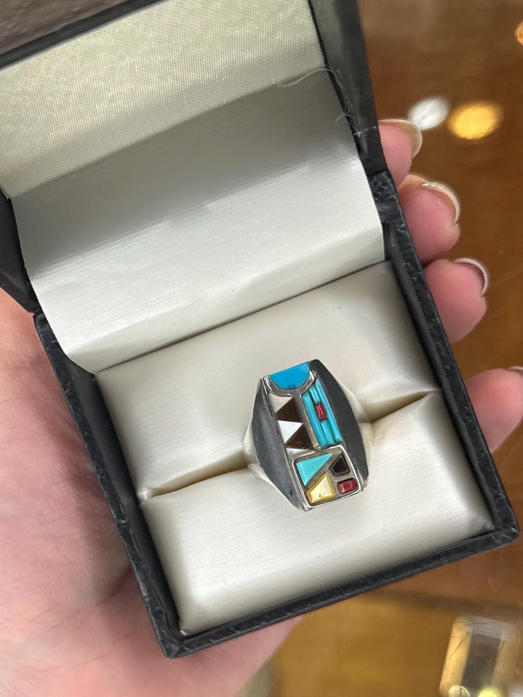 Vintage Designer Zuni Cobblestone Inlay Navajo Turquoise Ring SIZE 10