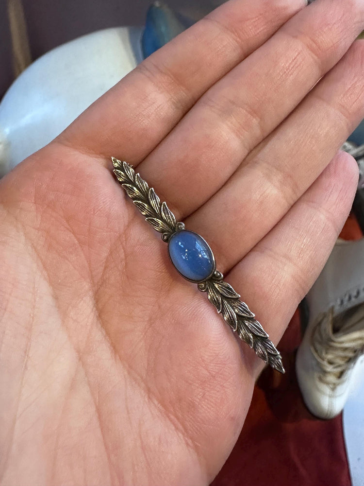 Antique Sterling Silver Bar Pin Leaves and Blue Stone