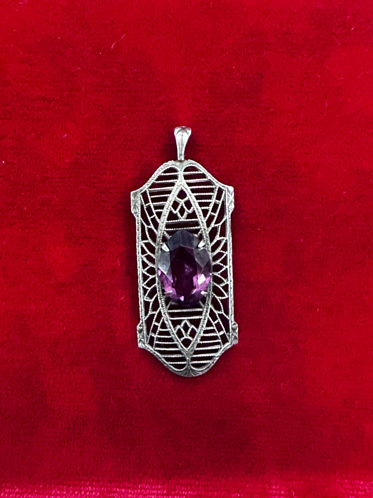 Sterling Silver Vintage Art Deco Amethyst Filigree Pendant