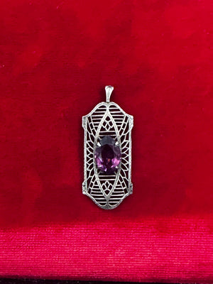 Sterling Silver Vintage Art Deco Amethyst Filigree Pendant