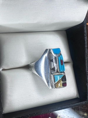 Vintage Designer Zuni Cobblestone Inlay Navajo Turquoise Ring SIZE 10