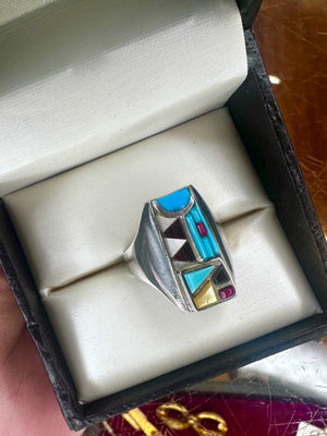 Vintage Designer Zuni Cobblestone Inlay Navajo Turquoise Ring SIZE 10