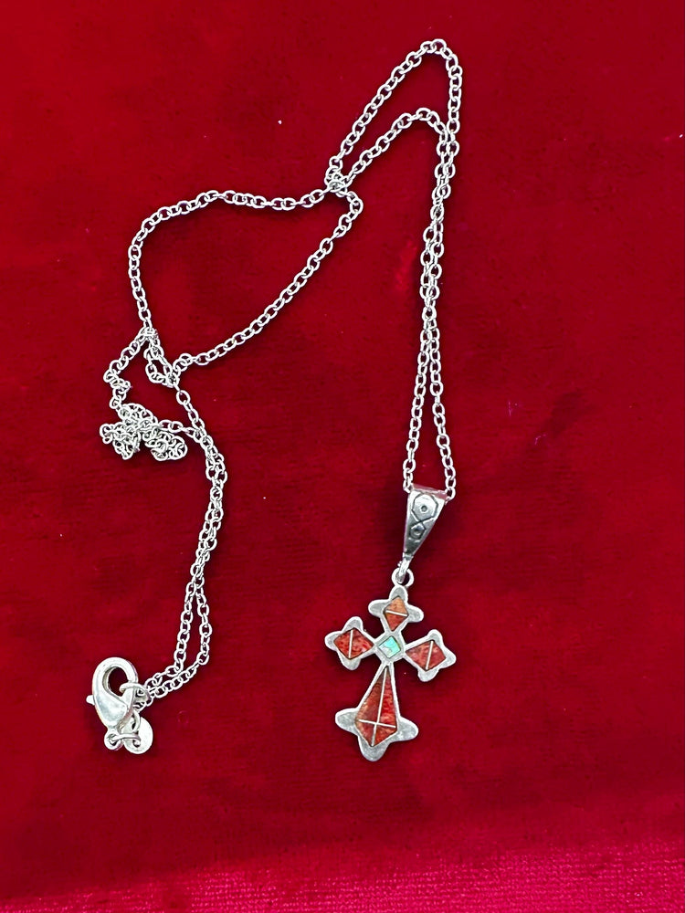 Sterling Silver Red Jasper and Opal Cross Pendant necklace