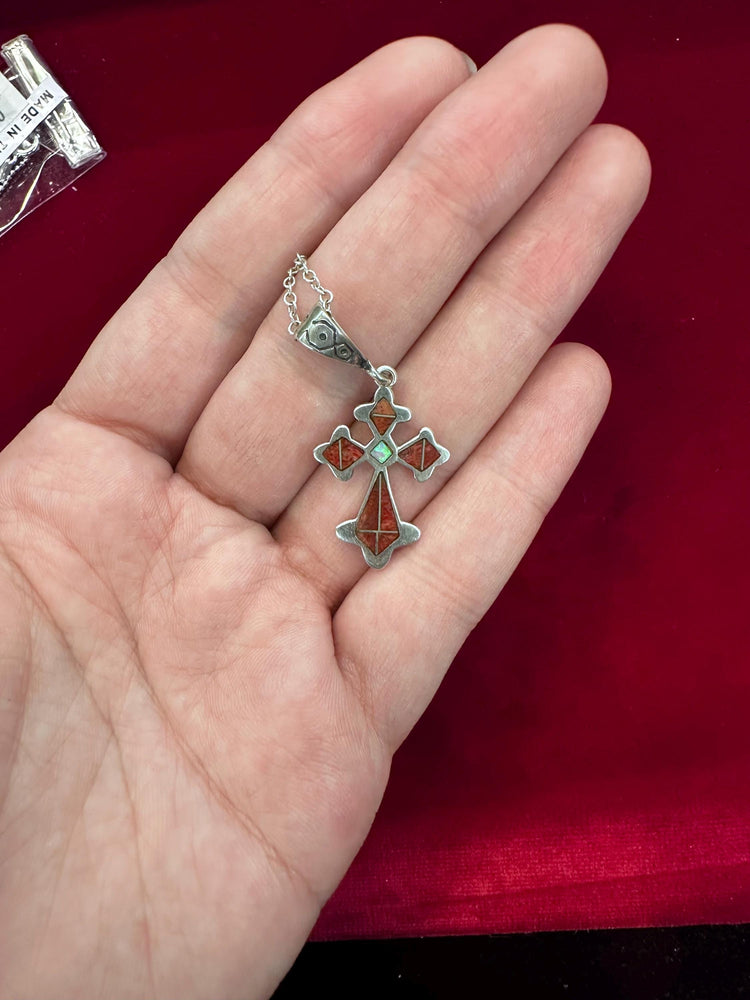 Sterling Silver Red Jasper and Opal Cross Pendant necklace