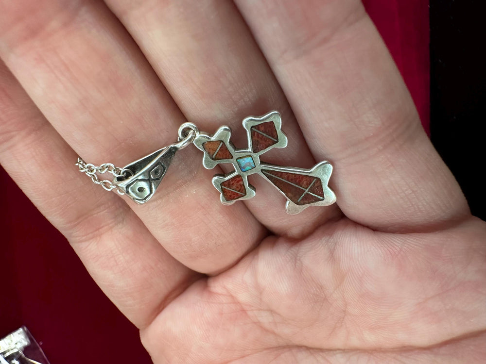 Sterling Silver Red Jasper and Opal Cross Pendant necklace