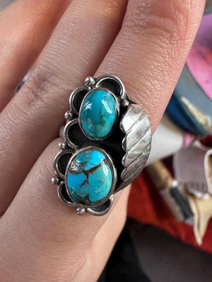 Sterling Silver Navajo 2 piece leaf Turquoise Ring