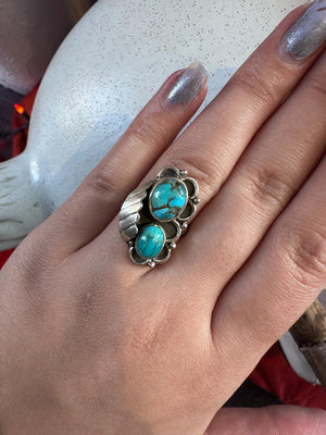 Sterling Silver Navajo 2 piece leaf Turquoise Ring