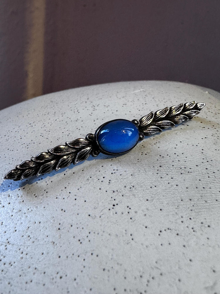 Antique Sterling Silver Bar Pin Leaves and Blue Stone