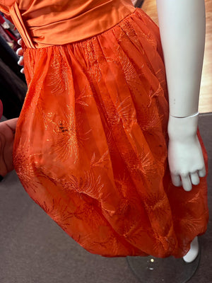 1950's  Juniors Orange Embroidered Formal Dress AS IS XS Fireworks Bubble Skirt