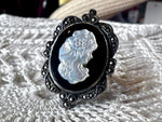 Vintage Art Deco Sterling Silver Black Marcasite Cameo Ring Size 8