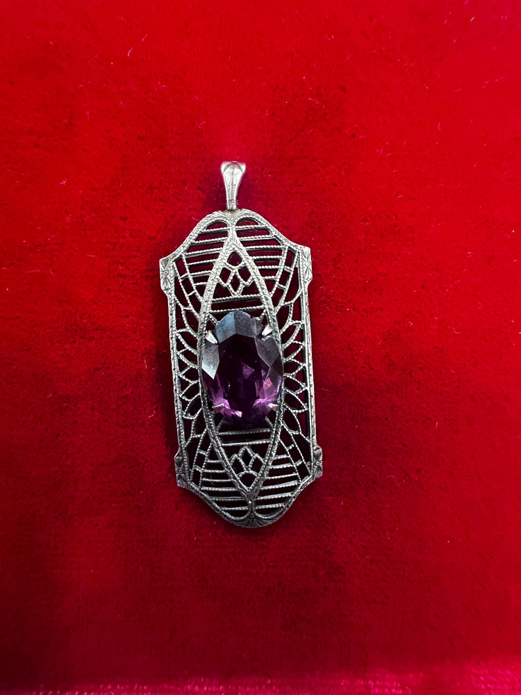 Sterling Silver Vintage Art Deco Amethyst Filigree Pendant