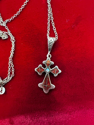 Sterling Silver Red Jasper and Opal Cross Pendant necklace