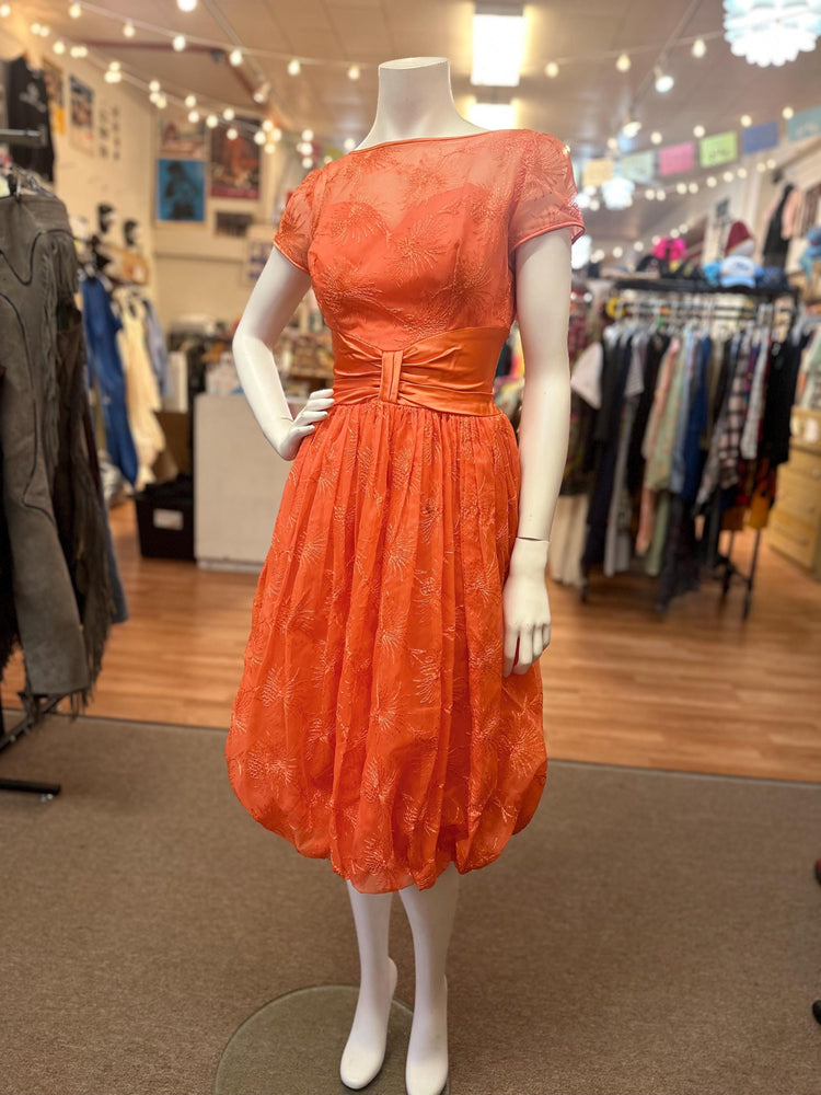 1950's  Juniors Orange Embroidered Formal Dress AS IS XS Fireworks Bubble Skirt