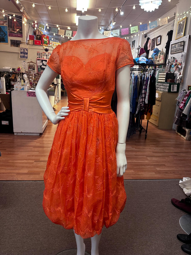 1950's  Juniors Orange Embroidered Formal Dress AS IS XS Fireworks Bubble Skirt