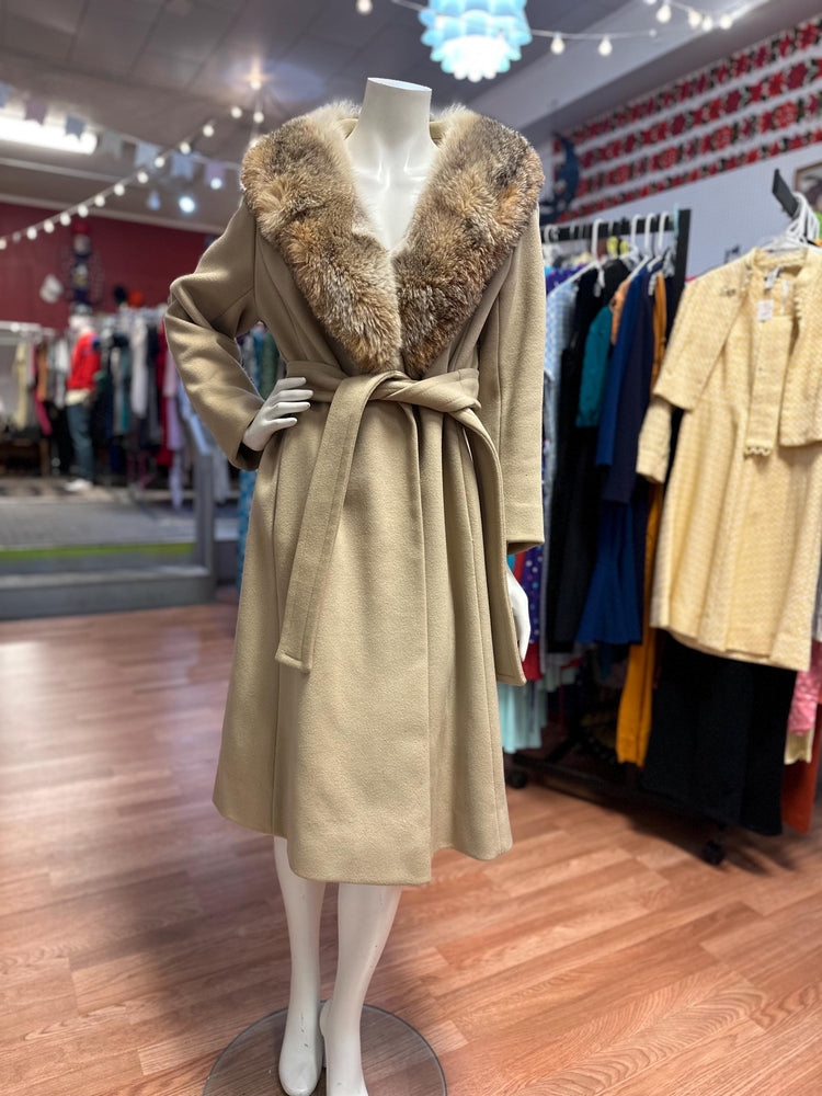 Vintage 60's Camel Color Wool with Real Fur Hood Robe Coat.