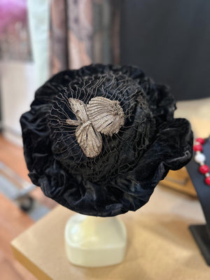 Victorian Black Velvet Pouf Hat for restoration or study AS IS