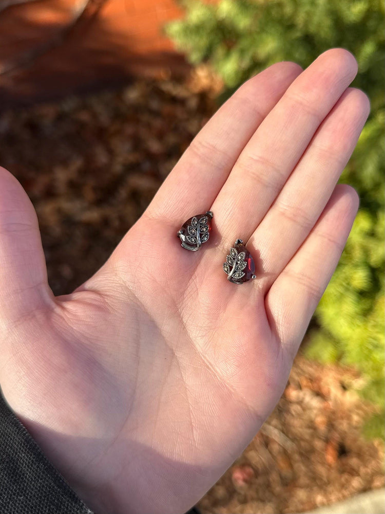 Vintage 50's Marcasite + Garnite sterling silver earrings.