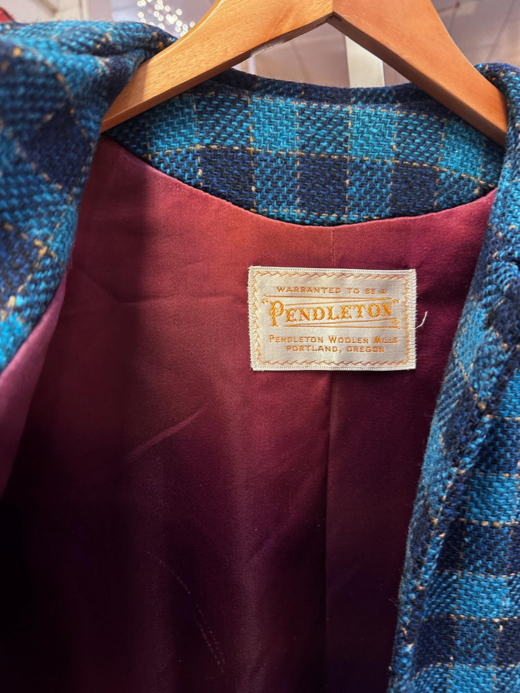 1960's Vintage Blue Plaid Wool Coat Rare Pendleton