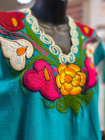 Traditional Mexican Oaxaca Huipil – Hand-Embroidered Teal Blouse (Size M/L)