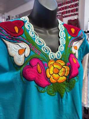 Traditional Mexican Oaxaca Huipil – Hand-Embroidered Teal Blouse (Size M/L)