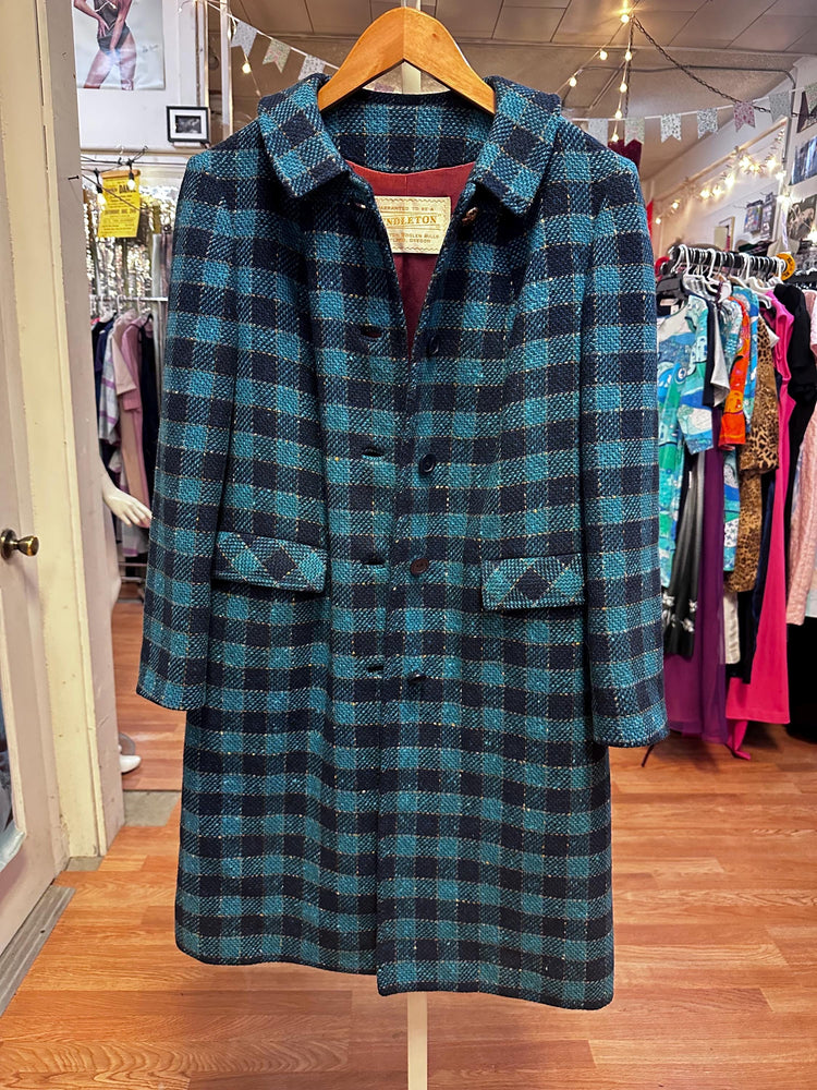 1960's Vintage Blue Plaid Wool Coat Rare Pendleton