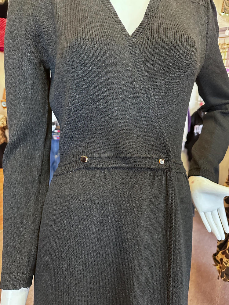 Iconic 1980s Vintage St. John Knit Dress – Faux Wrap Style with Accent Buttons