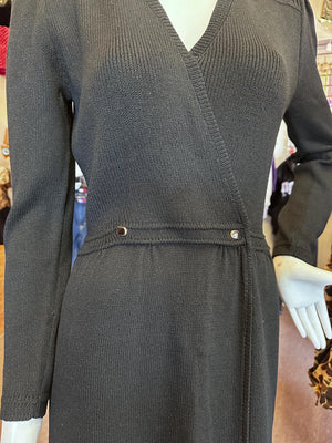 Iconic 1980s Vintage St. John Knit Dress – Faux Wrap Style with Accent Buttons