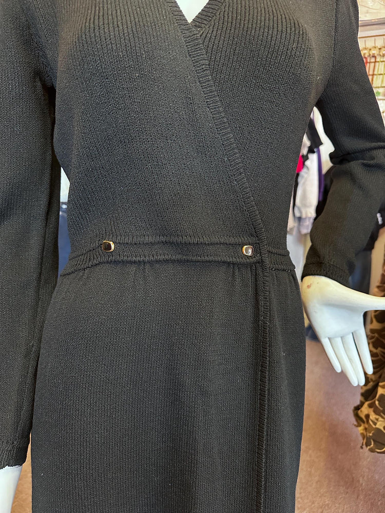 Iconic 1980s Vintage St. John Knit Dress – Faux Wrap Style with Accent Buttons