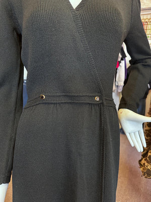 Iconic 1980s Vintage St. John Knit Dress – Faux Wrap Style with Accent Buttons