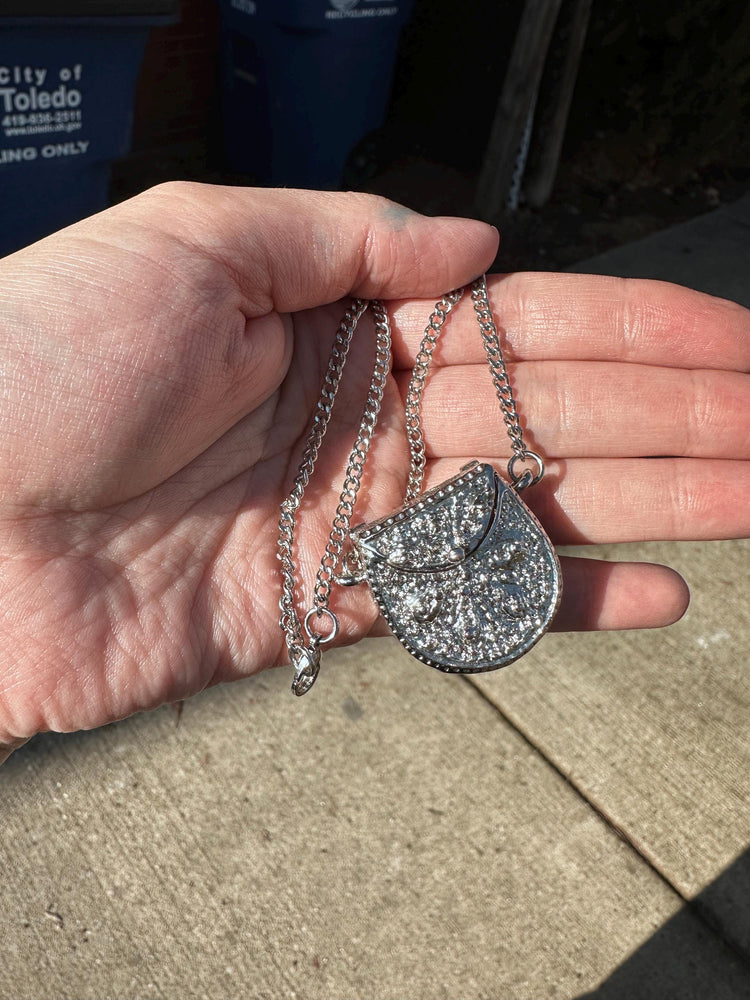 1990s DEADSTOCK VTG Silver Purse Necklace with Hidden Watch