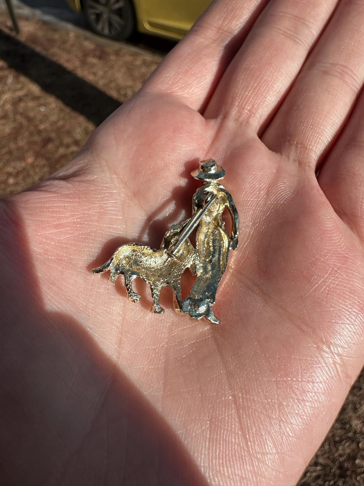 Vintage Gold Tone Halloween Color Dog Walker Long Haired Dog Enamel Pin