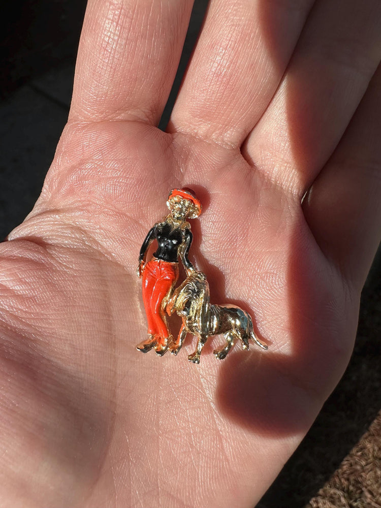 Vintage Gold Tone Halloween Color Dog Walker Long Haired Dog Enamel Pin