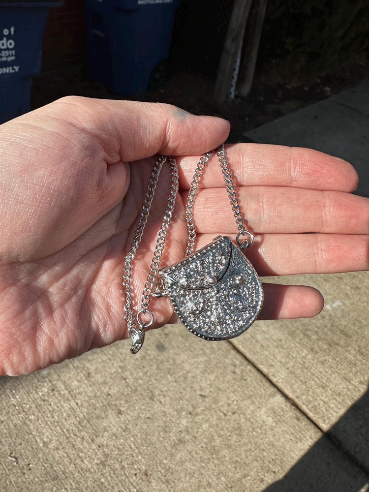 1990s DEADSTOCK VTG Silver Purse Necklace with Hidden Watch