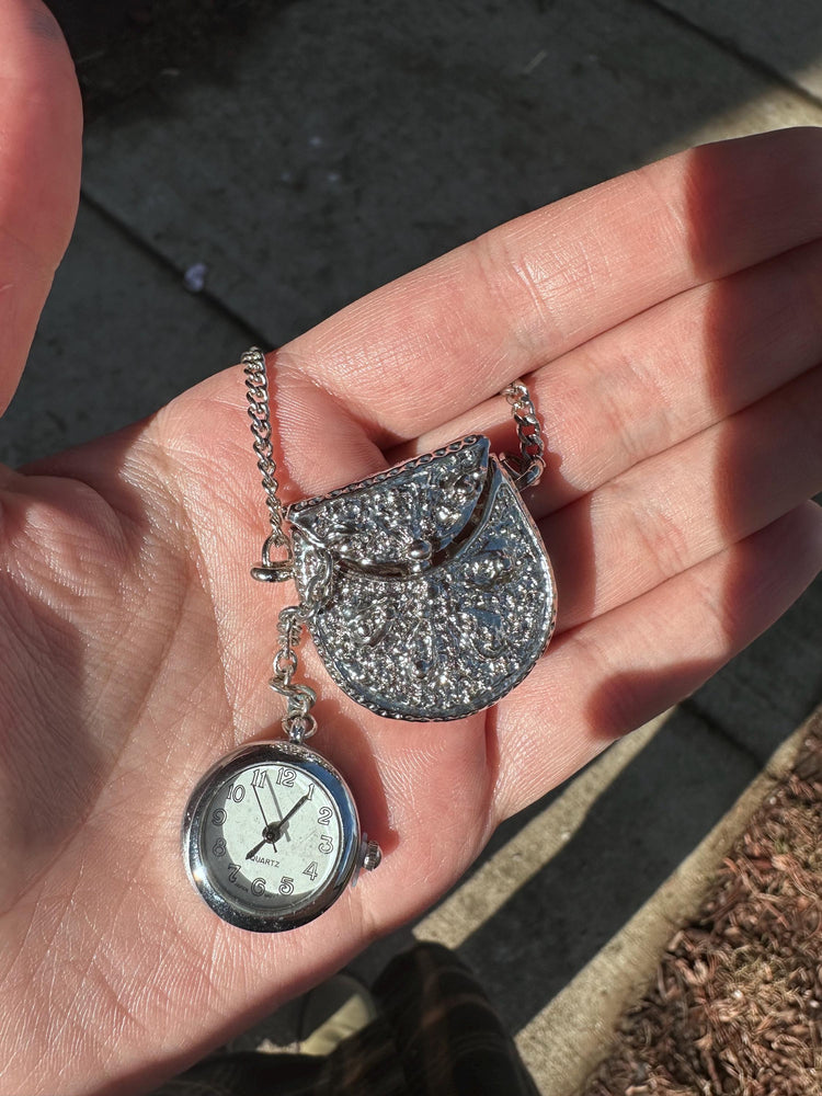 1990s DEADSTOCK VTG Silver Purse Necklace with Hidden Watch
