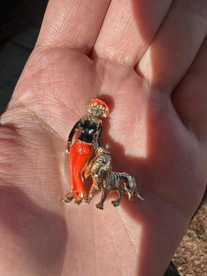 Vintage Gold Tone Halloween Color Dog Walker Long Haired Dog Enamel Pin