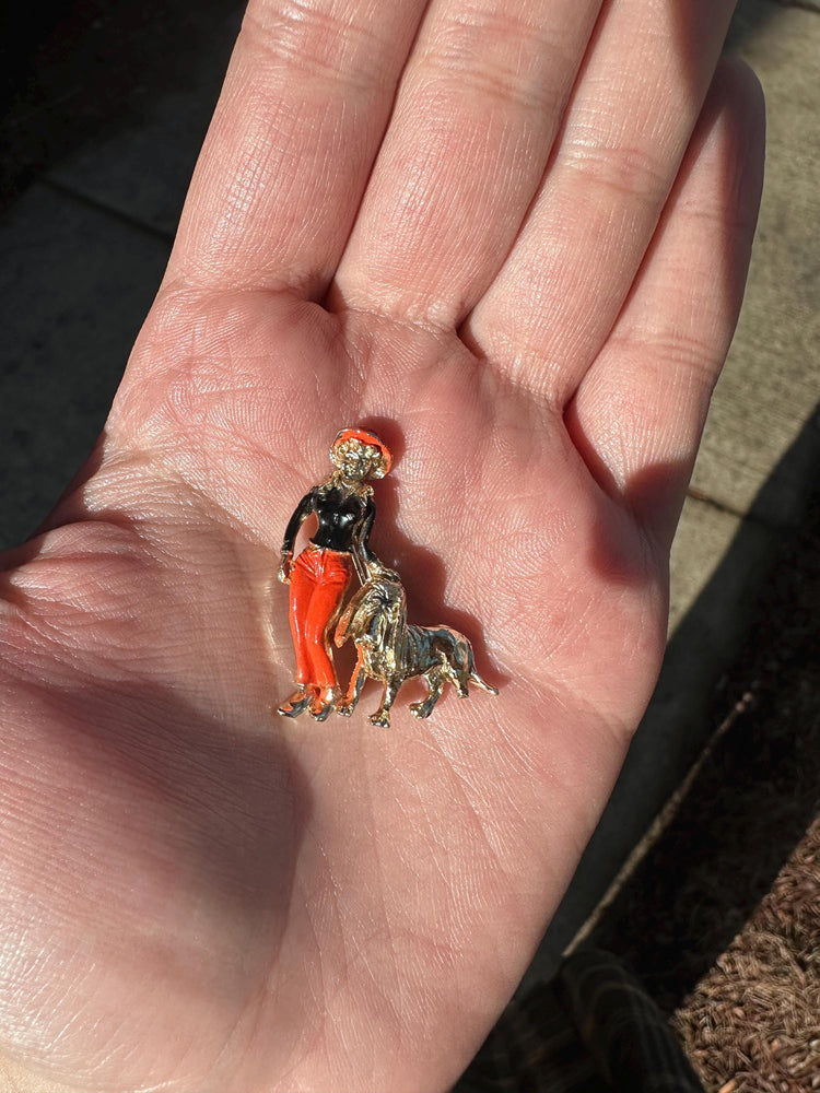 Vintage Gold Tone Halloween Color Dog Walker Long Haired Dog Enamel Pin
